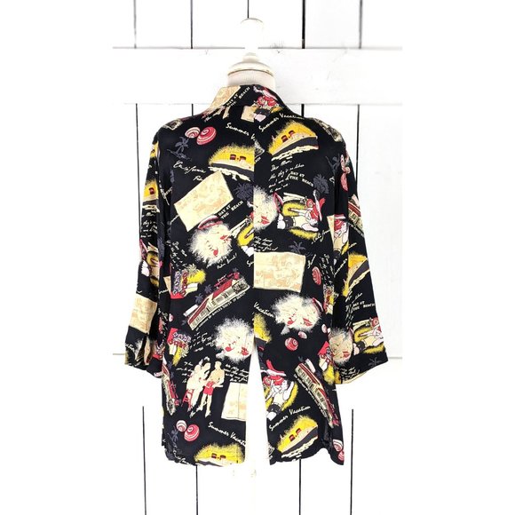Loco Wido black sheer California beach summer vacation retro print blouse medium - Picture 8 of 9